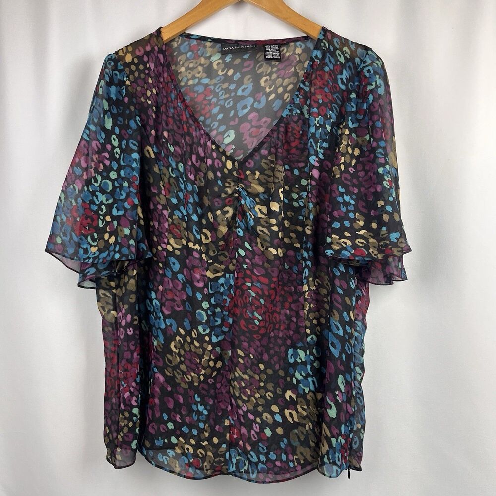 Dana Buchman Silk Blouse Sz 16 Multicolor Animal Print Sheer Dolman Boho
